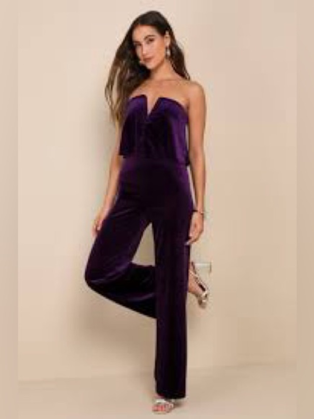Lulu's Strapless Velvet Jumpsuit in Rich Purple